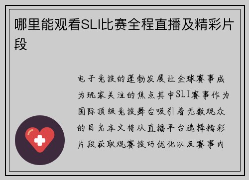 哪里能观看SLI比赛全程直播及精彩片段