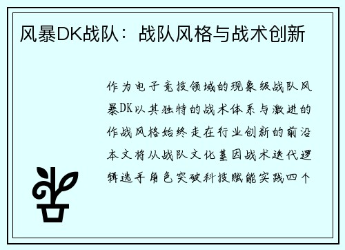 风暴DK战队：战队风格与战术创新